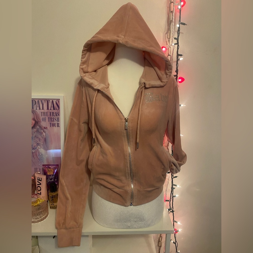 Baby Pink Velour Rhinestone Zip Hoodie